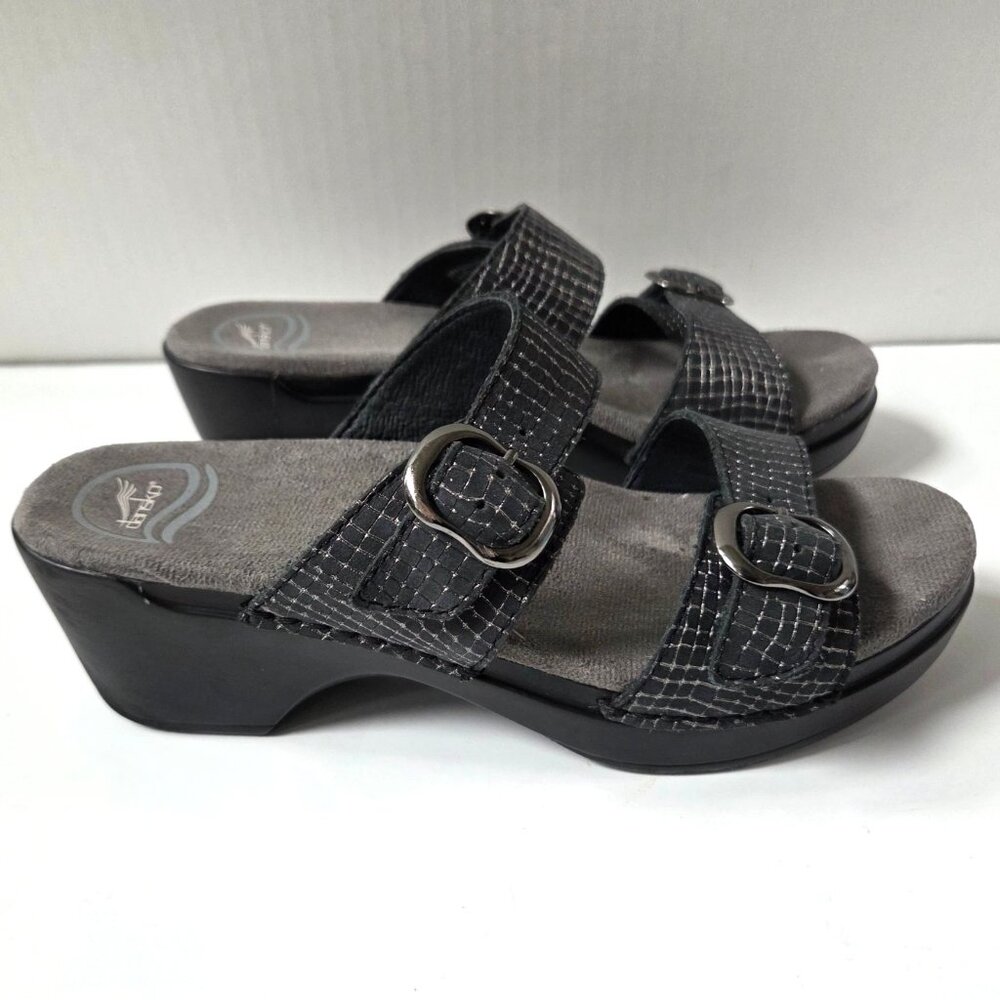 Dansko Sandals Women 38 Gray Pewter Embossed Leather Sophie Comfort Wedge 7.5 8 - Picture 6 of 13